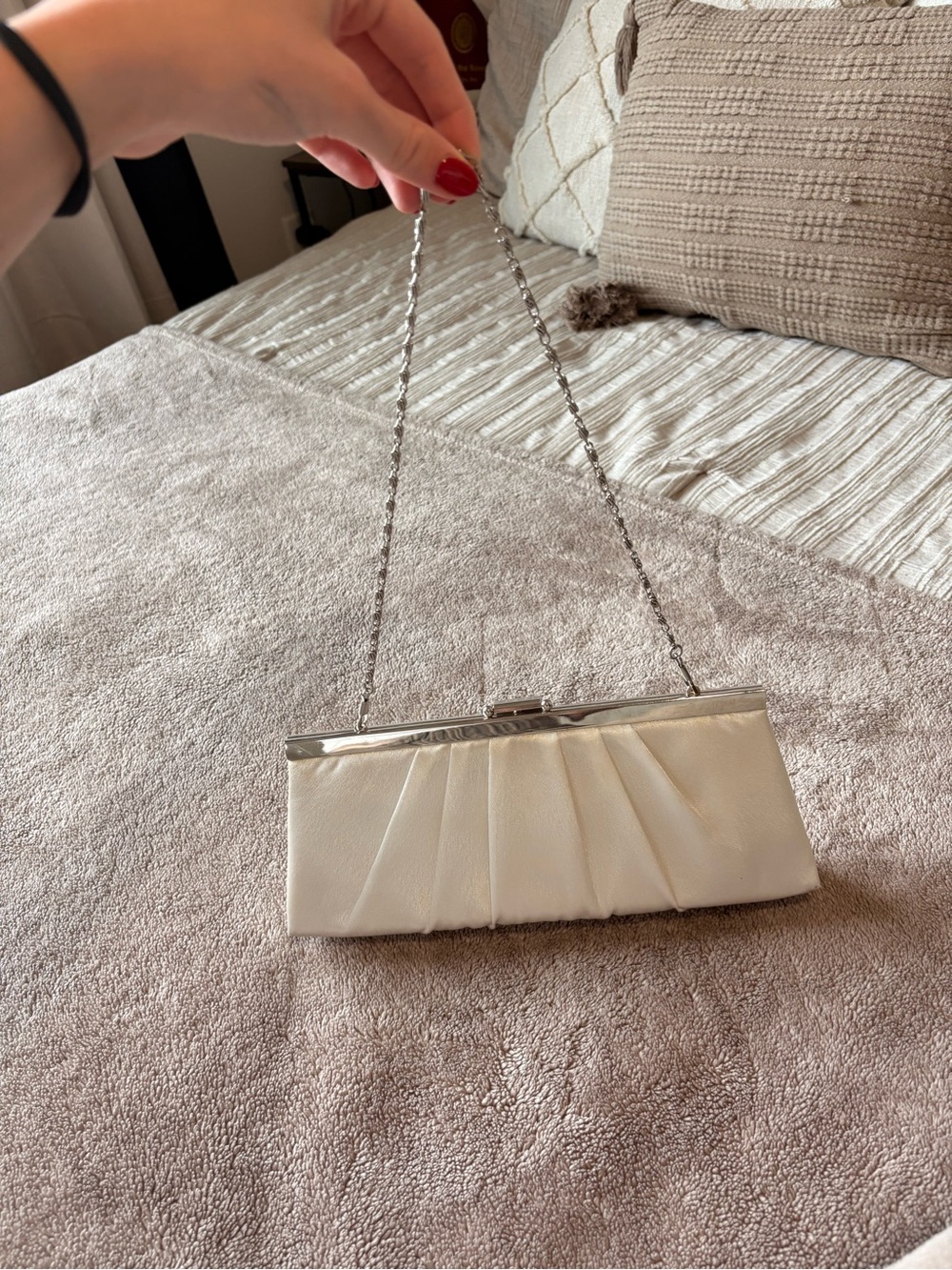 Elegant Ivory Satin Pleated Clutch with Chain Strap